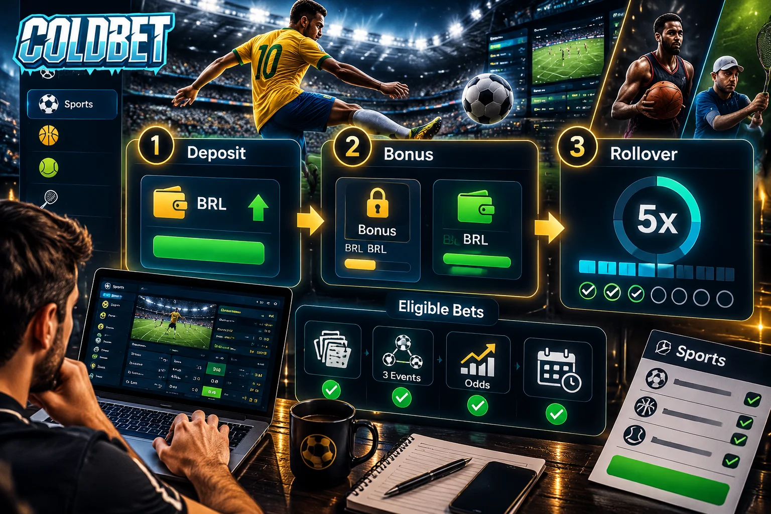 Bônus esportivo de primeiro depósito da ColdBet com rollover de 5x, múltiplas de três eventos e odd mínima de 1.40