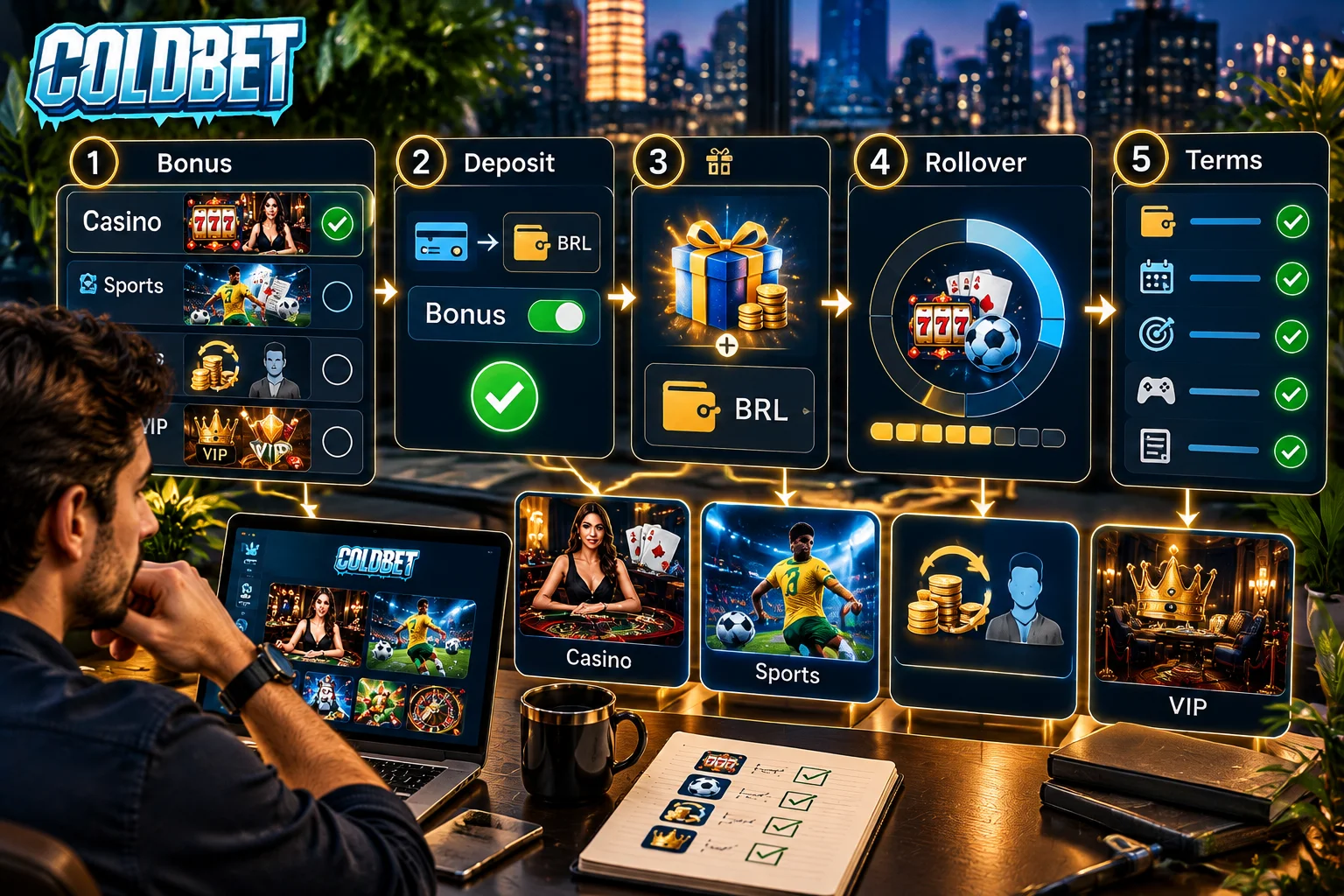 Página de bônus e promoções da ColdBet Brasil com o pacote de boas-vindas, rodadas grátis e cashback em reais