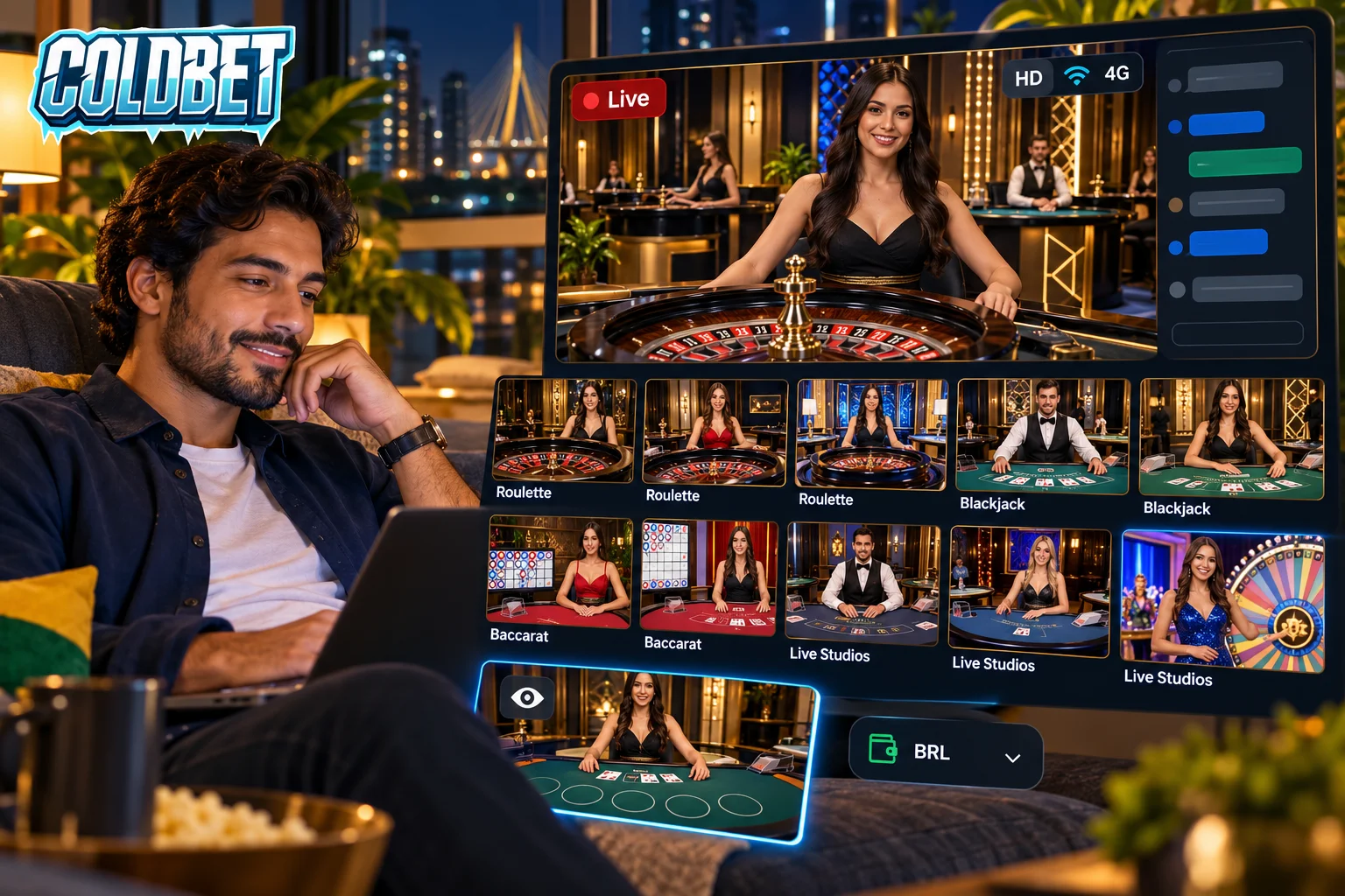 Mesas do cassino ao vivo da ColdBet com crupiê real: roleta, blackjack, bacará e game shows transmitidos em HD