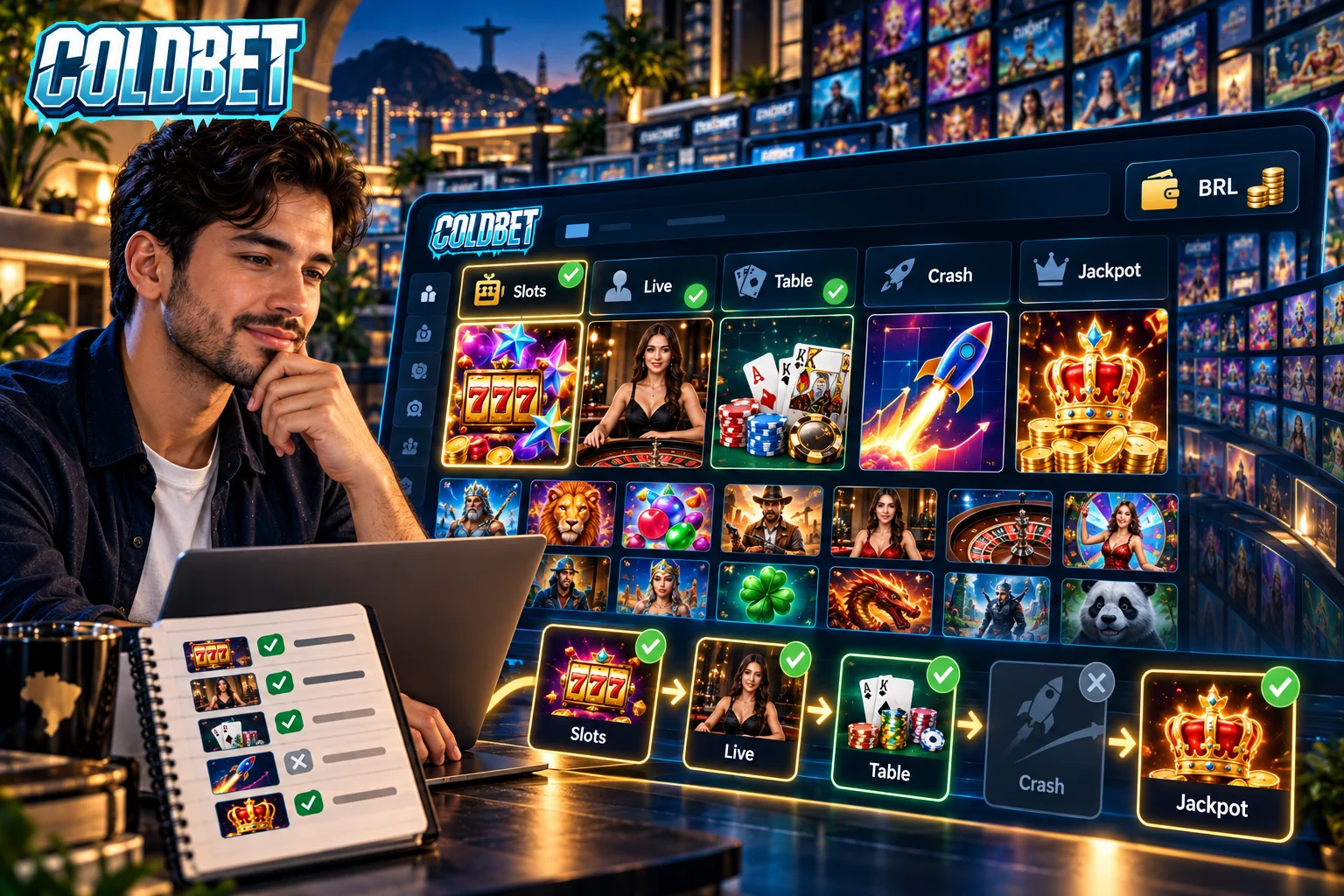 Catálogo do ColdBet Casino com as categorias slots, ao vivo, mesas, crash e jackpot abertas em reais
