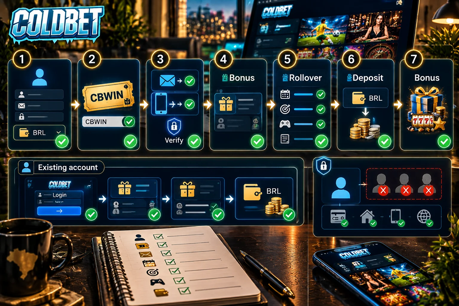 Campo de código promocional da ColdBet com o cupom CBWIN inserido e o resumo do bônus na tela de confirmação