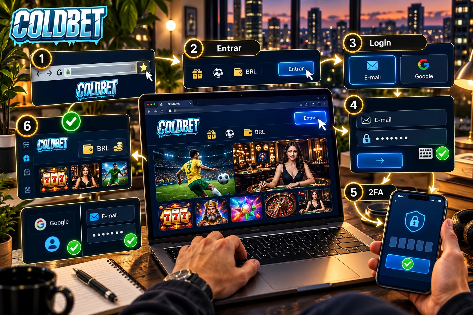 Tela de login da ColdBet com os campos de e-mail e senha e o código de verificação em dois passos