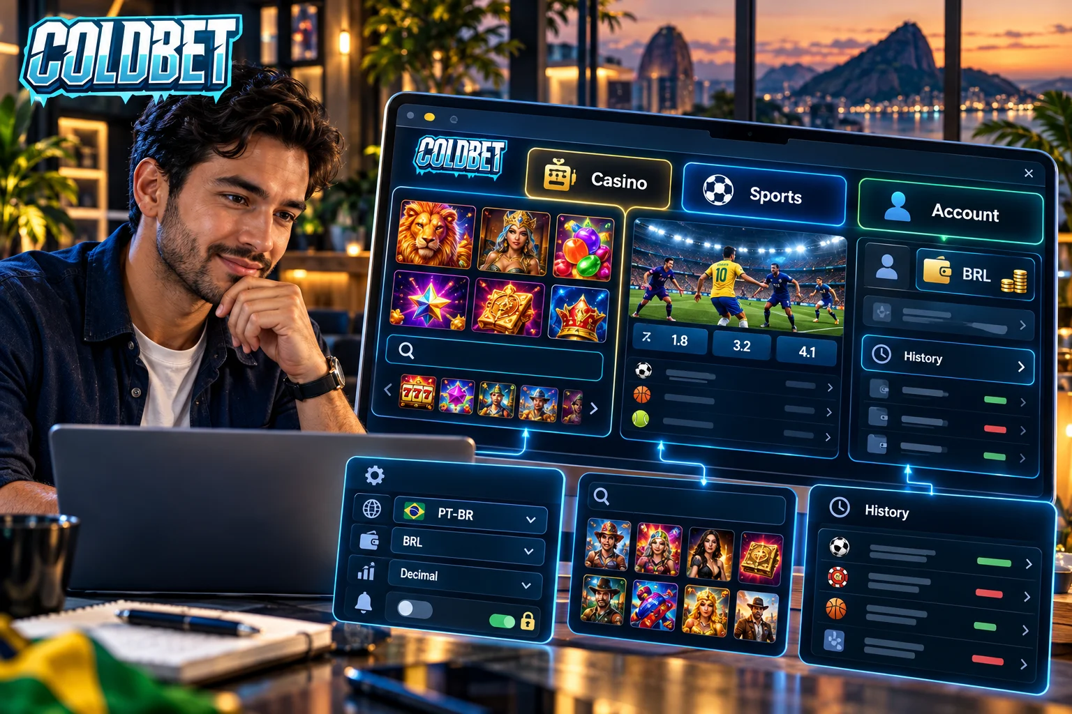 Site oficial da ColdBet aberto no notebook com as abas cassino, esportes e conta e as configurações em português do Brasil